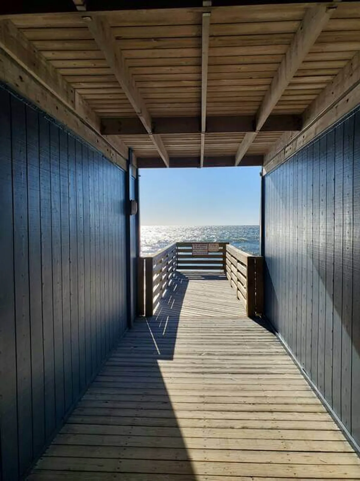 A wooden walkway leads over the dunes to the expansive ocean, with sunlight sparkling on the water. The perspective draws the viewer toward the sea, inviting moments of solitude, fishing, and reflection along the shore.